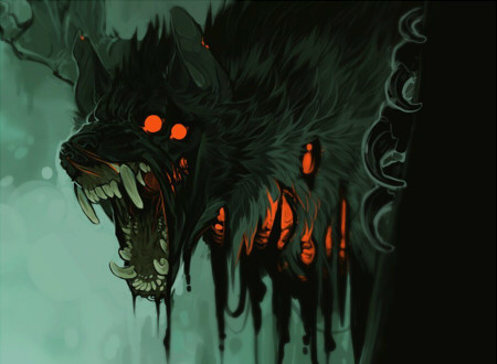 a snarling monster in shadows with multiple red eyes and dripping skin