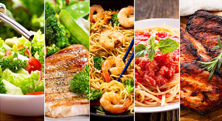 a collage of different foods on display: salads, meats, and pasta