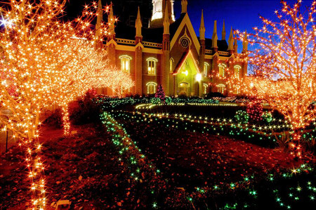 lights decoring trees in front of a church