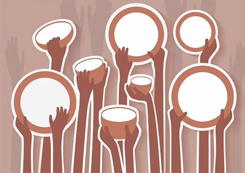 several hands reaching up towards the sky, the ones in focus holding plates