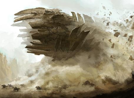 a rock worm emerging from the ground in a cloud of dust